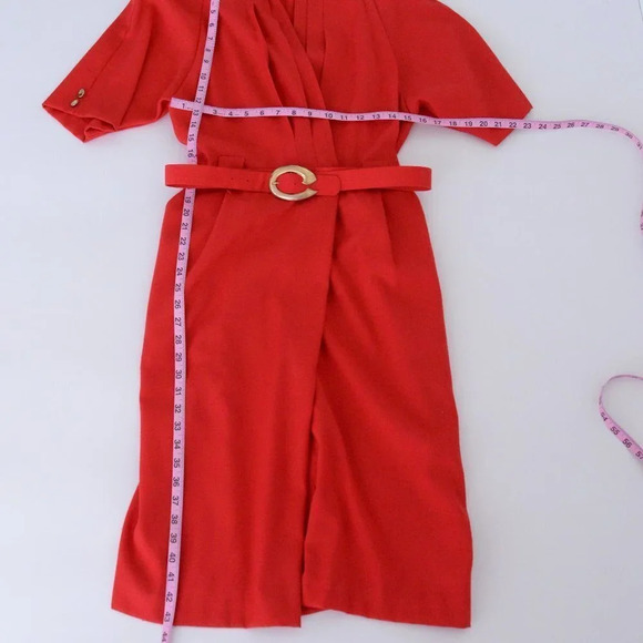 Vintage Petites by Demaro Red Wrap Style with Belt  Midi Short Sleeve Dress - Picture 4 of 13